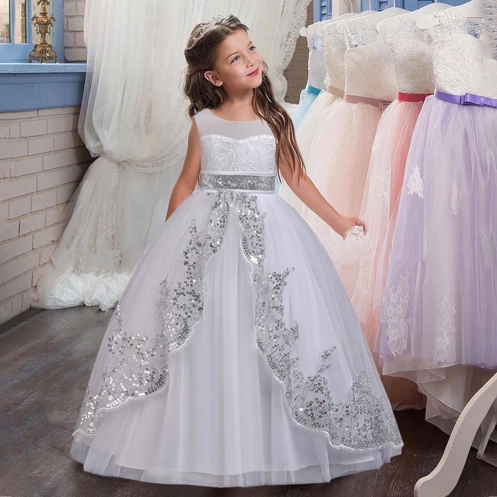 Sequin Princess Dress Wedding Dress Girls Show Long Performance Pompous Gauze Flower Children Wedding Dress