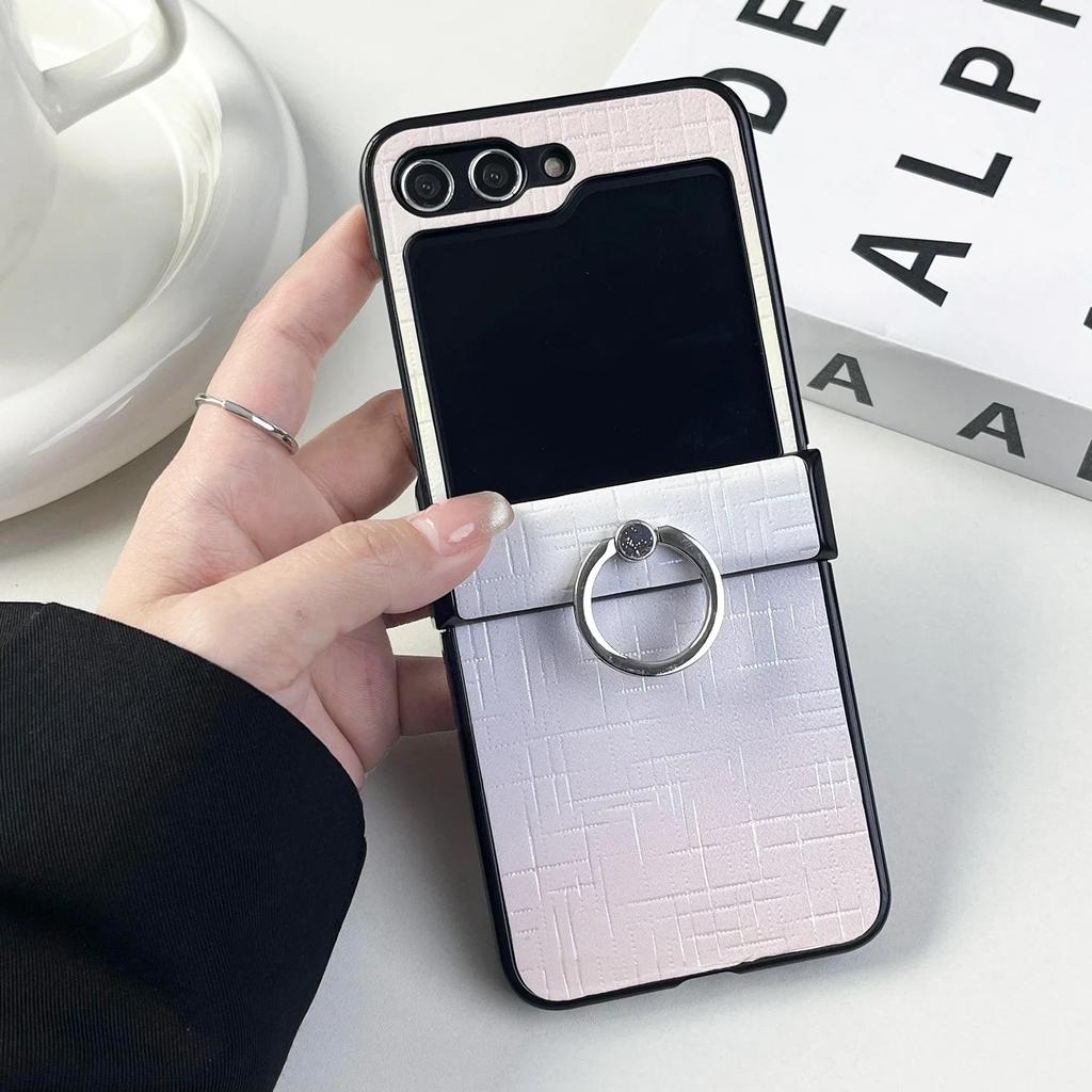 Чехол для телефона из ПУ кожи с держателем-кольцом для Samsung Galaxy Z Flip 5 4 3 Flip5 Flip4 Flip3 5G Пластиковая твердая оболочка Противоударный чехол