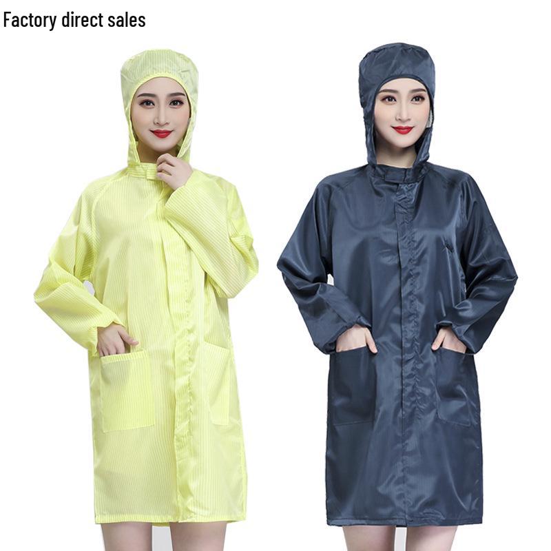 Unisex Anti-Static Dustproof Lab Coat with Hood - Long Sleeve, Blue/White for Cleanroom & Workshop.