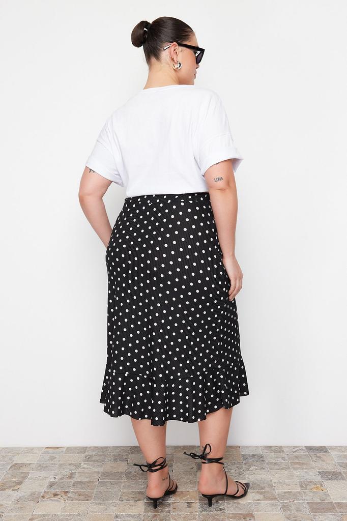 Women's Style Plus Size Black Polka Dot Patterned A-Line Knitted Skirt
