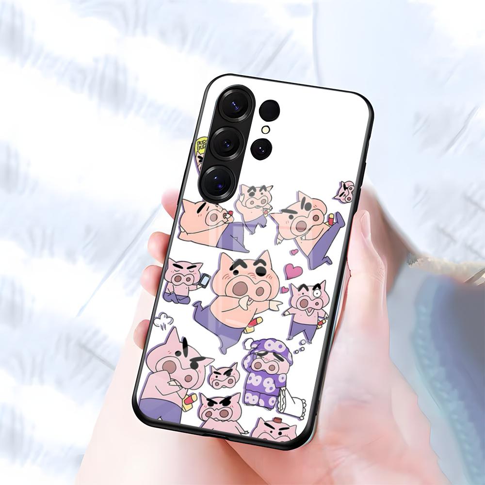 Чехол для телефона Buriburizaemon Pig для Samsung S26 S25 S24 FE S23 S22 S21 Plus S20 Ultra Note20Ultra Черная стеклянная крышка