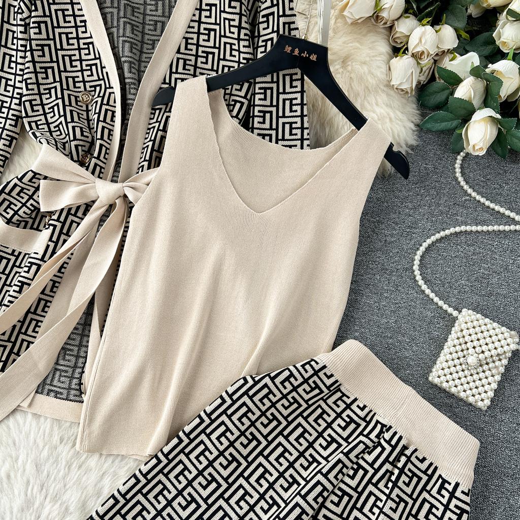 Осень Зима Винтаж Бренд Дизайнерский Принт Вязаный Свитер Брюки Комплект Из 3 Частей Женский Спортивный Костюм Кардиганы С Длинными Рукавами Жилет До щиколотки Брюки Наряды