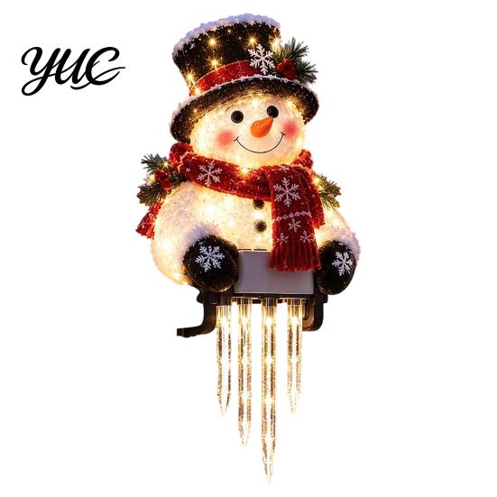 Outdoor Christmas Decorations Solar Snowman Icicle Light, Railing Decor, Warm Glow LED, Winter Festive Garden Ornaments Lighted Santa Reindeer Holiday