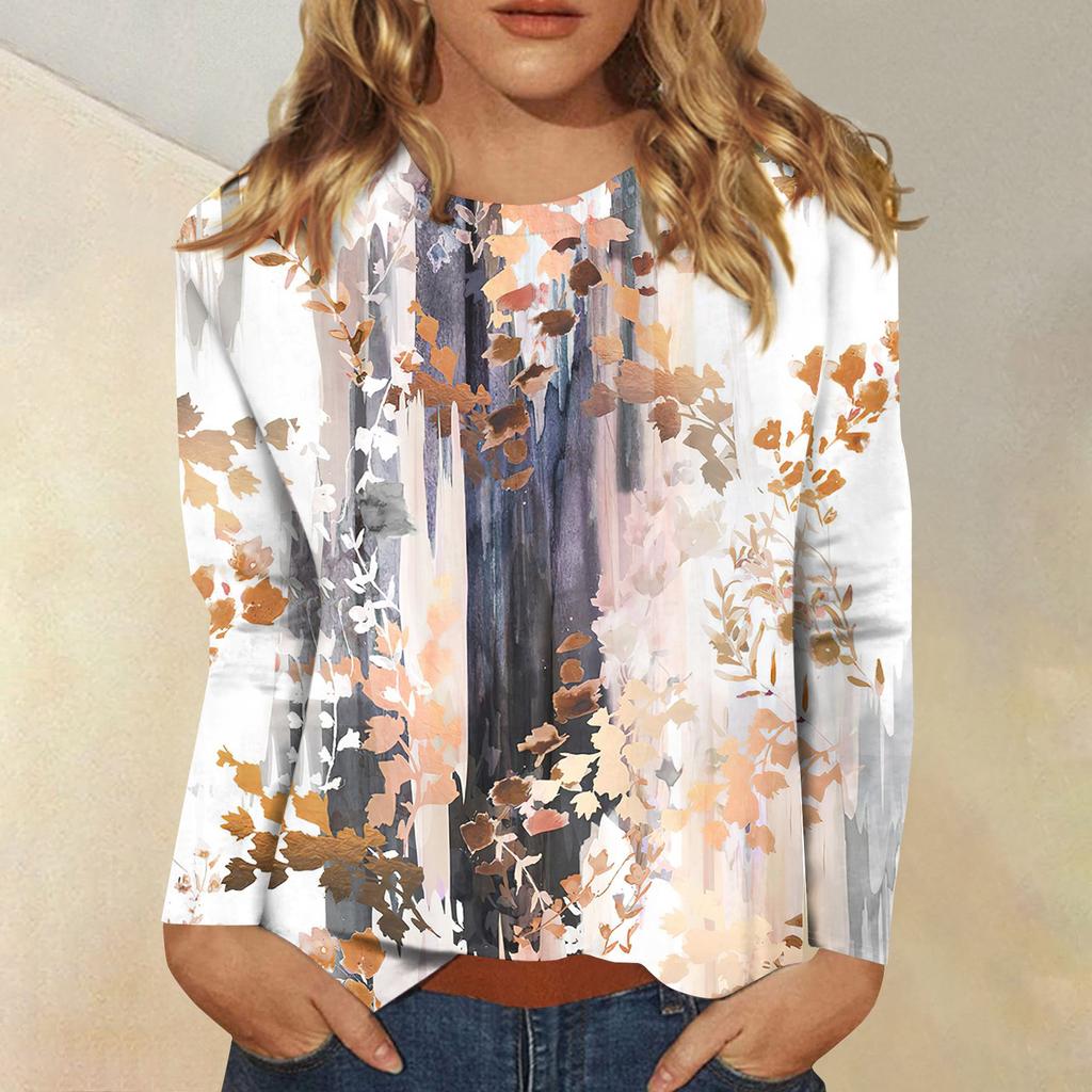 Женская модная повседневная футболка с круглым вырезом и длинным рукавом с принтом, топ