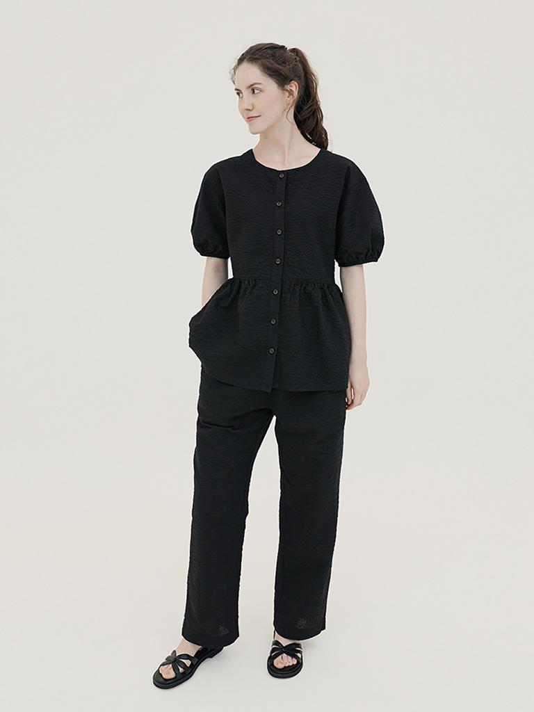 CHIQUITA Cotton Seersucker Blouse + Belt Black 250711Bk