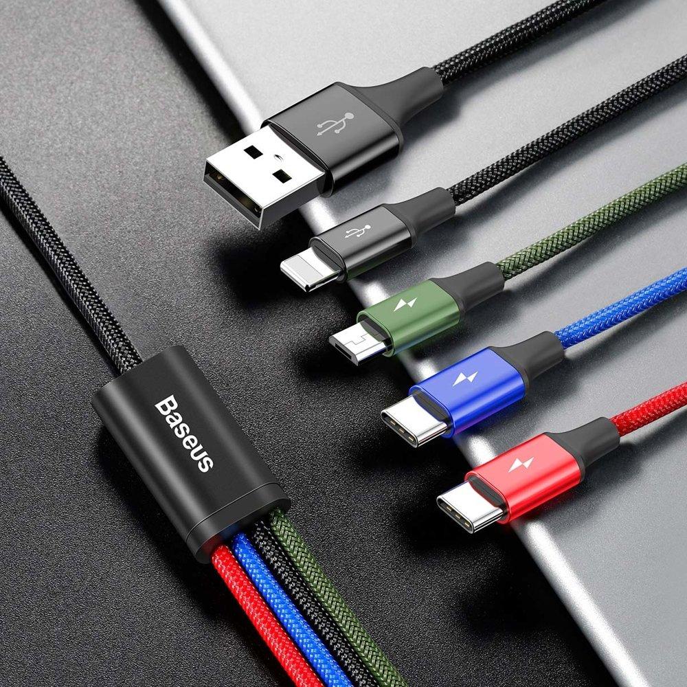 4-in-1 USB Cable Iphone Lightning 2 x USBC microUSB Nylon Braided 35A 12m Black
