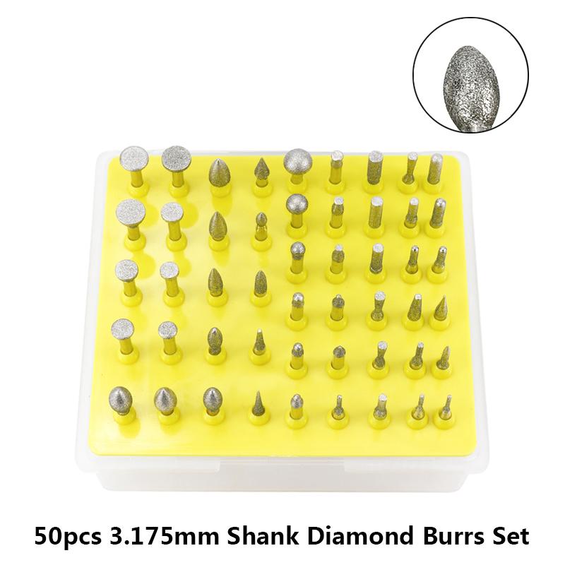 CMCP 50pcs Diamond Grinding Burs Polishing Grinding Head for Dremel Rotary Tool For Jewelry Glass 3.175mm Shank Grinding Burrs