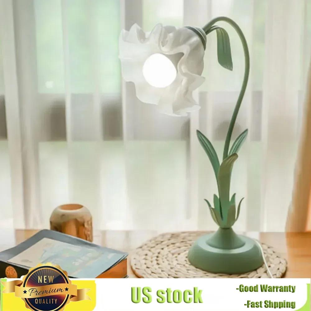 Bymaocar Green Table Lamp Flower Shape Handmade Light Lily Shaped Glass Desk Lighting with 4-way Rotary Switch & In-line Switch