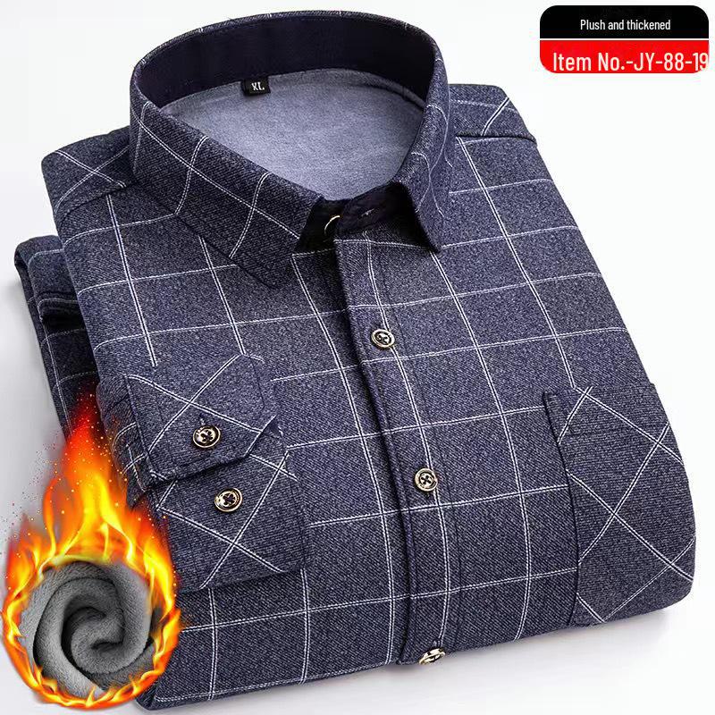 Men's Elastic Non-Iron Plaid Shirt - Warm, Thickened, Long-Sleeved for Casual or Business Wear In Autumn and Winter.