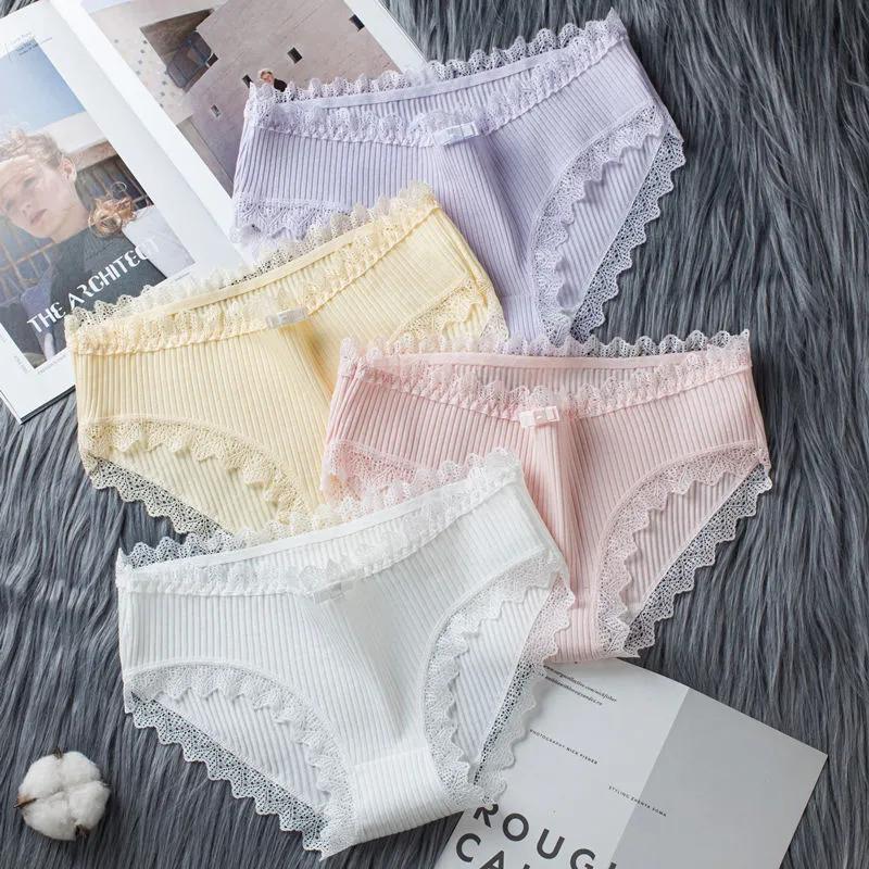 4 PCS Solid Color Women's Panties Lace Threaded Underwear Female Mid-Waist Soft Comfortable Lingerie Girl Lingerie Sexy Woman Clothes