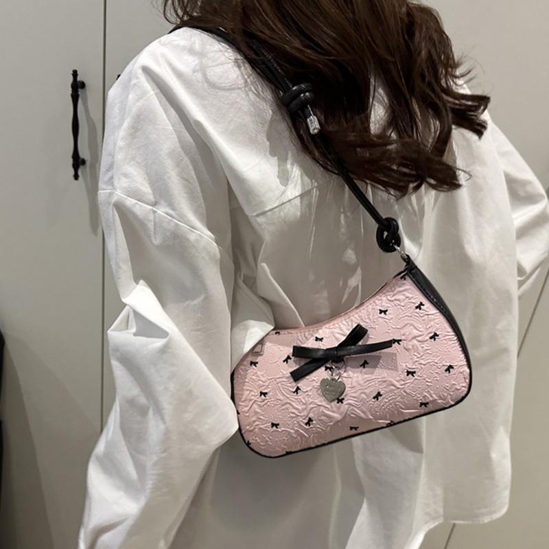 Yogodlns Сумка-подмышка Y2k с розовым бантом для женщин, Новые модные и универсальные текстурные сумки-багеты класса люкс на одно плечо
