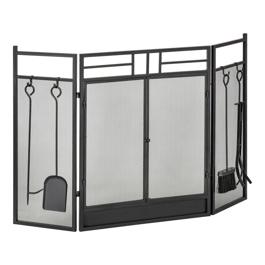 3 Panel Folding Fireplace Screen with 4 Tools Set, Steel Mesh Spark Guard with Double Door for Open Fire, Log Burner, 122W x 80H cm, Black