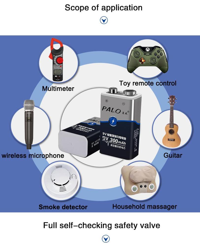 PALO Умное зарядное устройство для аккумуляторов AA AAA для NI-MH 9 В 6F22 аккумуляторов с 2 шт. 9 В 300 мАч аккумуляторов для Carmera