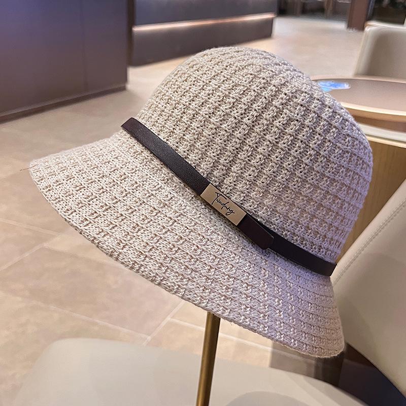 Hat cotton and linen knitted bucket hat women's bow small edge top hat spring and autumn vacation simple leisure sunscreen basin hat