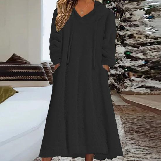 Women Fuzzy Fleece Midi Dress Long Sleeve Warm Plush Dress Hooded Drawstring Sweatshirt Dress with Pockets
