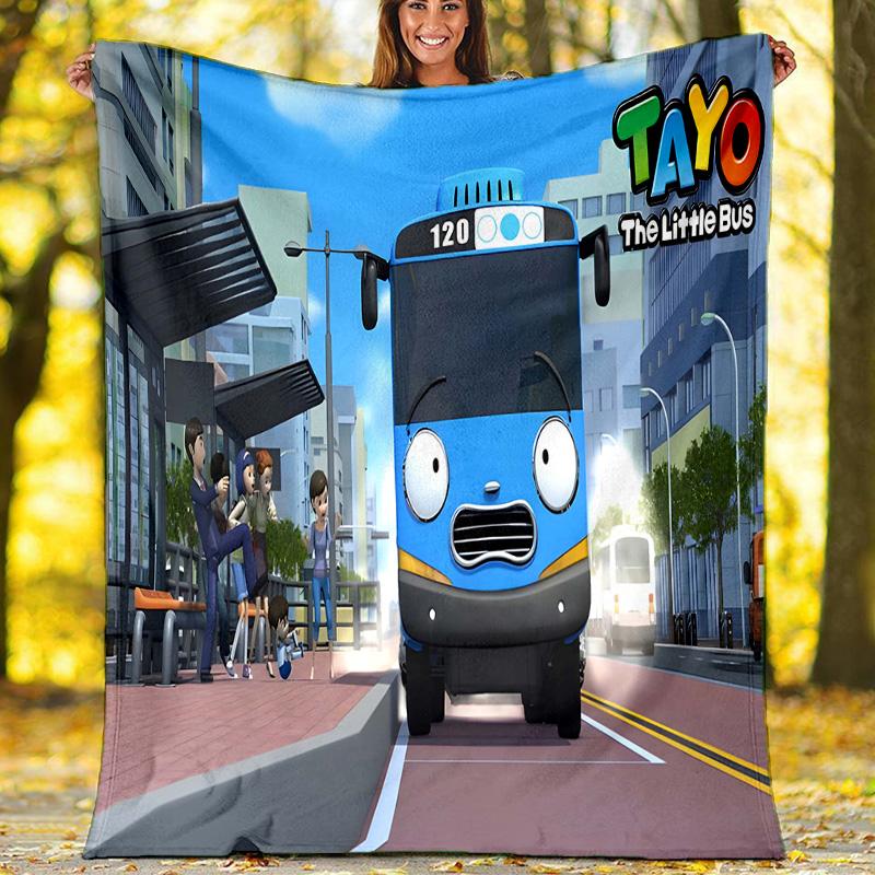 1pc Tayo The Little Bus2 Theme Soft Flannel Throw Blanket - Digital Print, Polyester, Cozy for All Seasons, Perfect for Outdoor, and Travel