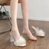 Crystal and Thick Heel One-word High-heeled Slippers, Popular Small Fragrant Wind Fluffy Cool Slippers for Women's Autumn 2024 New Models