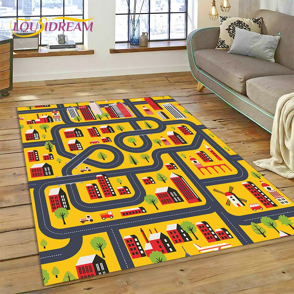 3D City Traffic Road Map Child PlayMat Highway Playroom Area Rug,Carpet Rug for Living Room Bedroom Sofa Doormat, Non-slip Gift