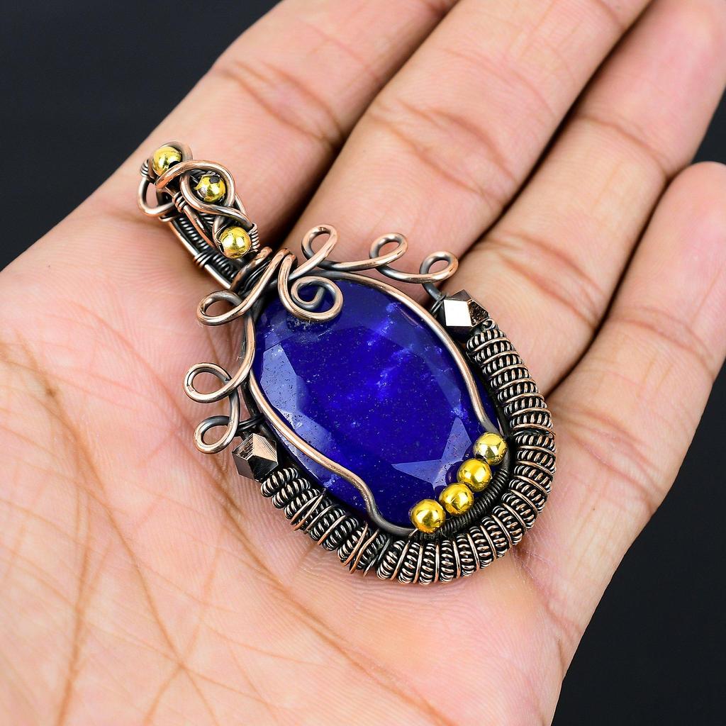 Великолепный синий сапфировый драгоценный камень, созданный в лаборатории, чистая медная проволока, обернутая ювелирными изделиями ручной работы