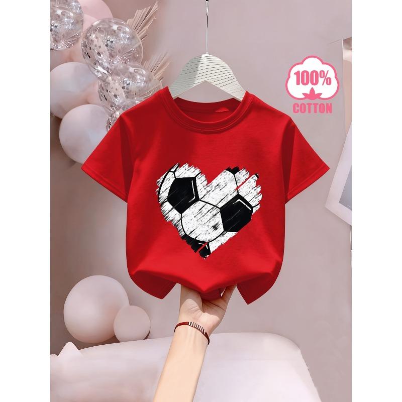 European sizes Love Heart Soccer" Letter/cartoon Print, Girls' Short-sleeved T-shirt, Cool and Breathable for Spring/summer Wear