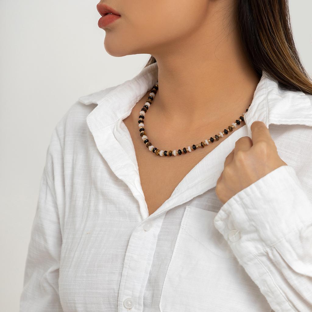 Accessories, Cold Round Beads, Geometric Glass Necklaces, Retro Handmade Beaded Tiger Stone Necklaces for Women