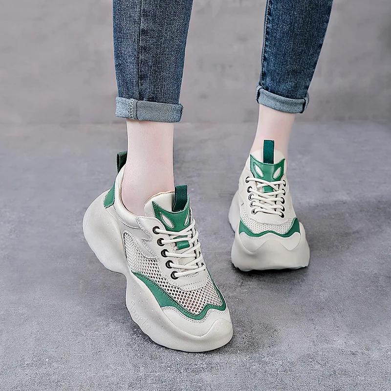 Fujin 5cm Breathable Women Summer Mixed Color Ankle Boots Flats Shoes Air Mesh Genuine Leather Chunky Sneaker Comfy Booties