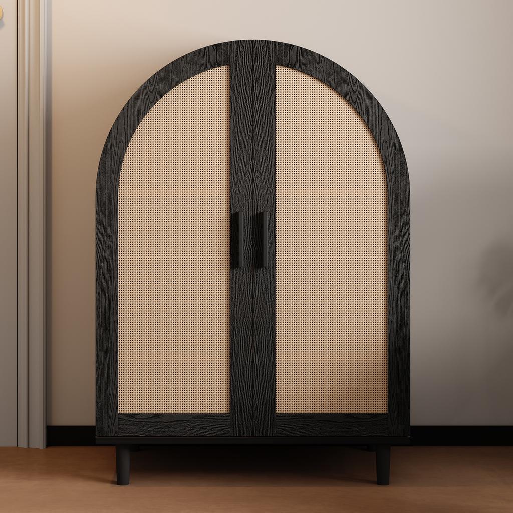 Elegant sideboard/shoe cabinet with rounded exterior, openwork rattan doors and three shelves.