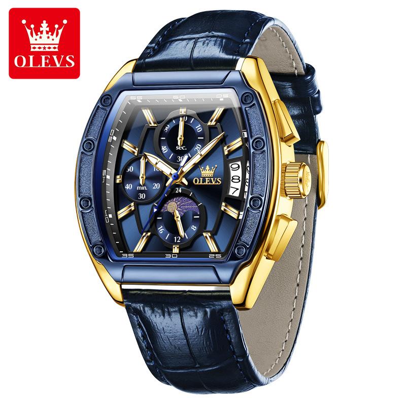 Men Watch Luxury Chronograph Quartz Watch Leather Waterproof Luminous Date Moon Phase Watches for Man Reloj