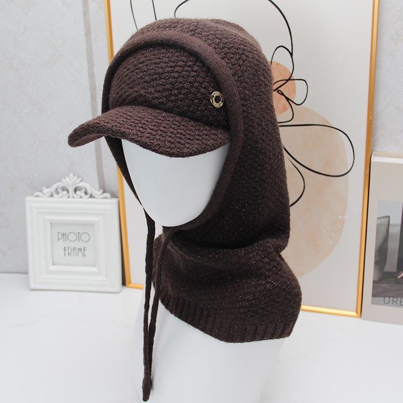European and American versatile balaclava hat winter knitted ear protection integrated hat women's outdoor windproof and cold-proof bright silk wool
