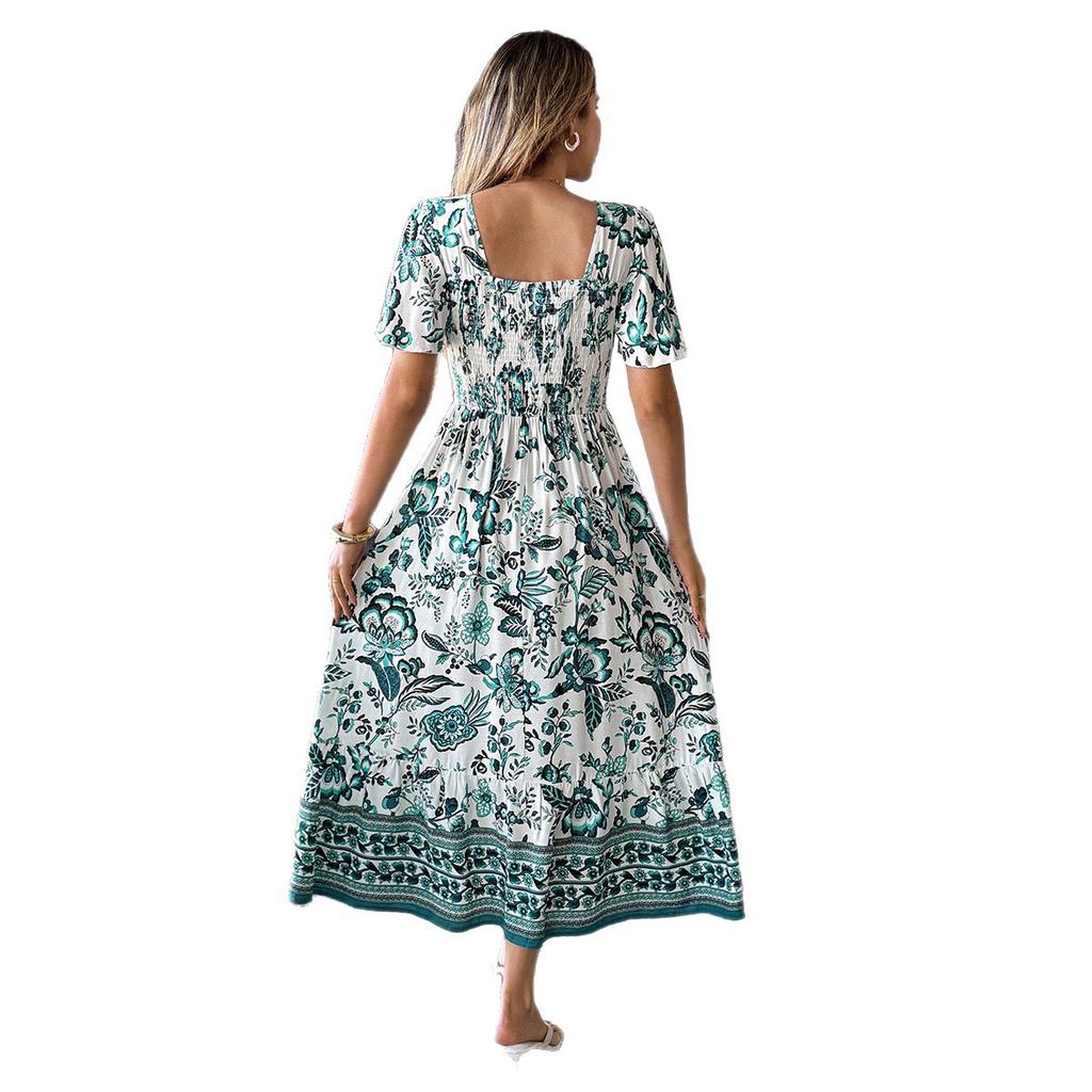 Элегантное длинное платье с принтом в отпускном стиле с короткими рукавами для женской весны и лета