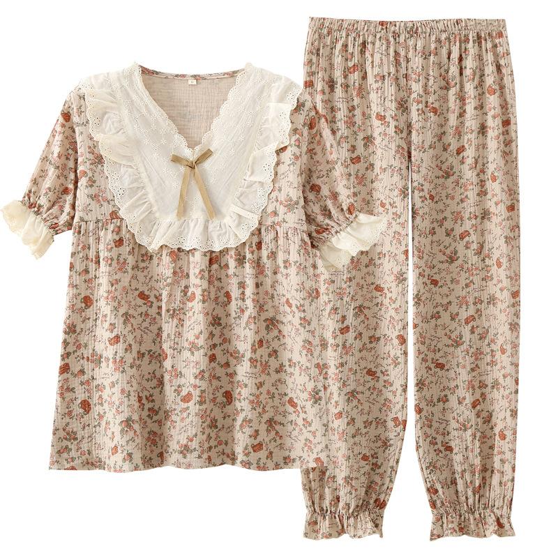 Summer women's pajamas, thin loungewear, spring and autumn suit, short-sleeved trousers, loose retro court style pure cotton yarn