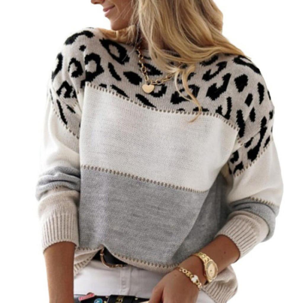 Leopard-print Colour-blocked Crew-neck Casual Jumper Autumn/winter Women's Knitwear Women's Pullover Long-sleeved Base Layer