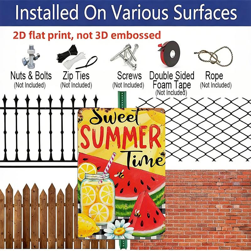 2D Flat, Vintage Summer Metal Wall Plaque - Lemonade & Watermelon Slices with Sweet Summer Time Text - 8x12 Inch Retro Aluminium Sign for Home, Cafe