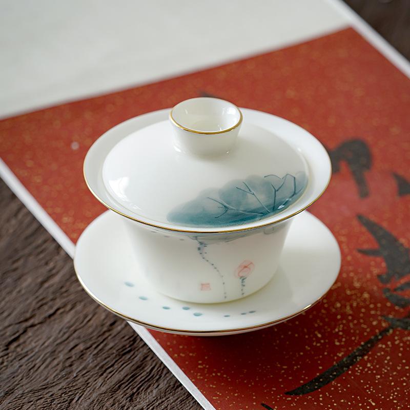 120/140ml Hand-painted Tea Tureen Fat Jade White Porcelain Gaiwan Household Ceramic Tea Infuser Traditional with Cover Teacup