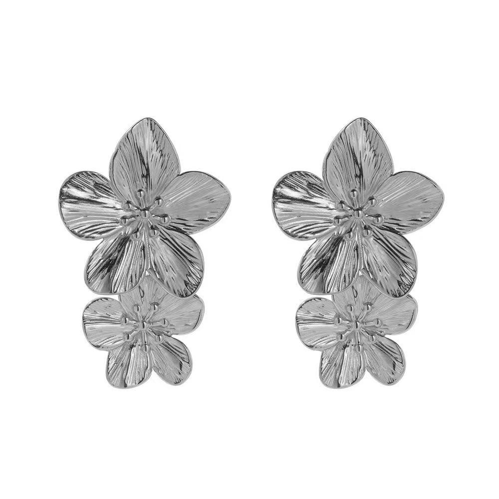 Vintage Gold Color Metal Flower Drop Earrings for Women Statement Stylish Exaggerated Simple Two Flower Zircon Gifts