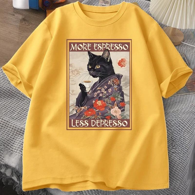 More Espresso Less Depresso Humorous T-Shirt Women Black Cat Coffee T Shirt Y2k Summer Women Short Sleeve Tee