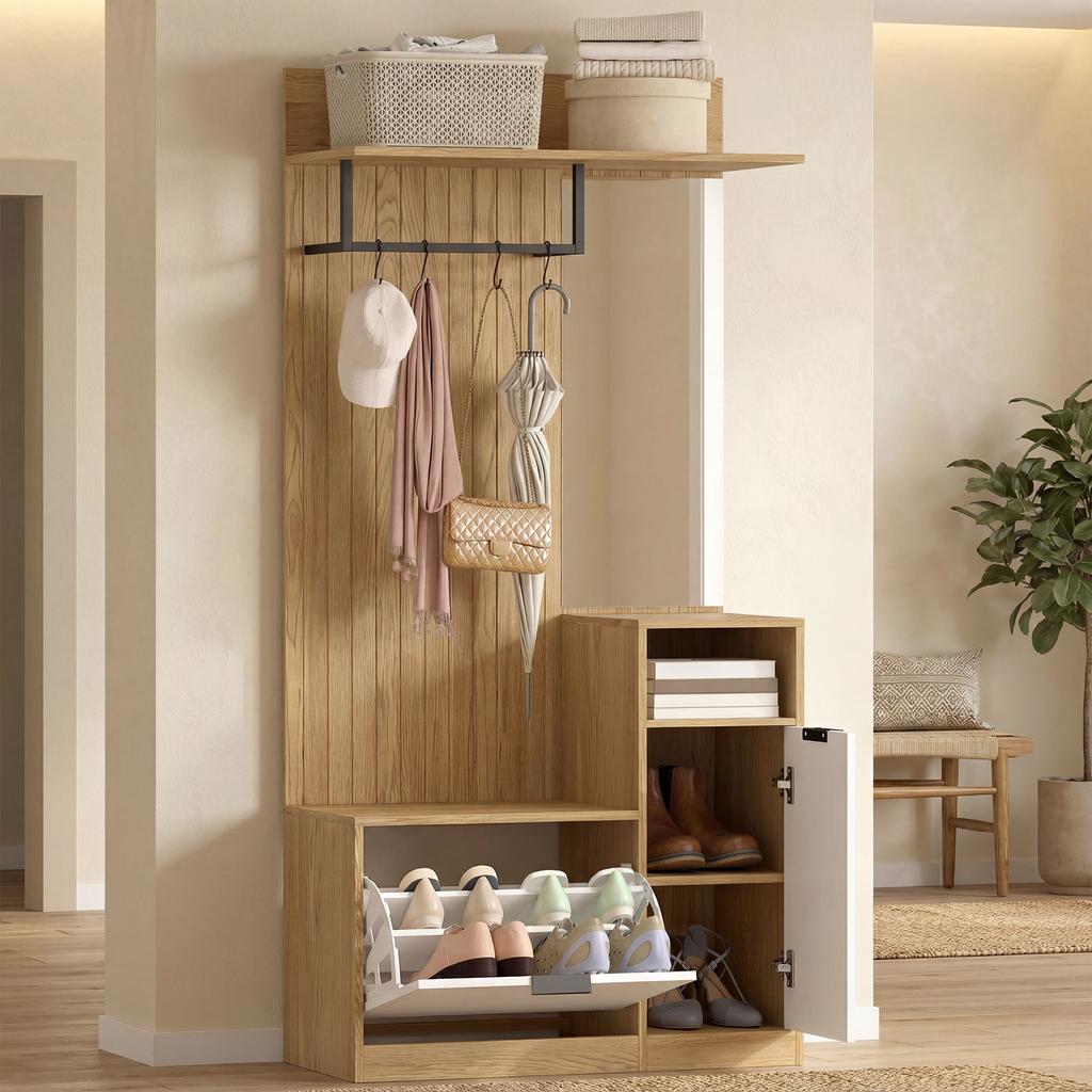 6-in-1 Entryway Coat Rack with Fold-Down Shoe Bench and Mirror, 80x36x168cm, Oak