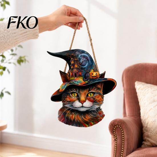 Outdoor Halloween Hanging Sign Wooden Door Sign, Cute Painted Cat Welcome Ornament with Witch Hat Haunted House Pumpkin, Rustic Wall Decor