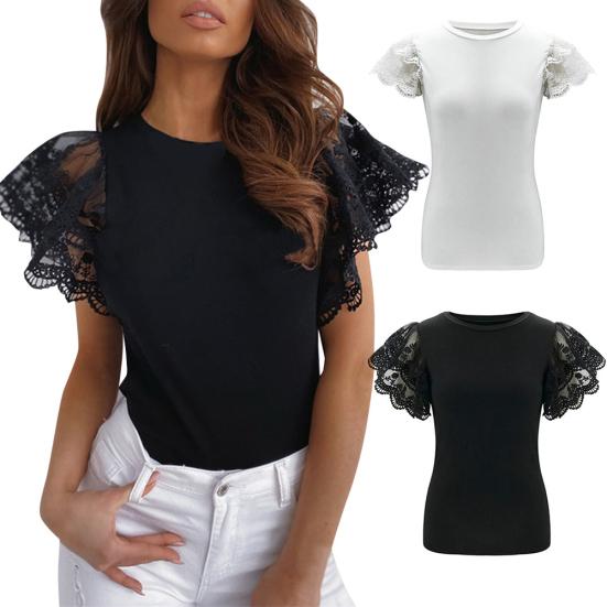 Женская сексуальная однотонная тонкая блузка с круглым вырезом и короткими рукавами