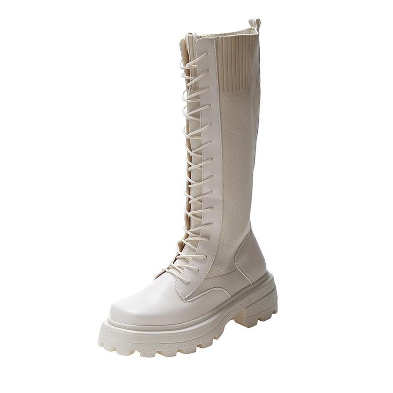 Fashion Women's Platform Knee High Boots Autumn Winter 2024 New Female Fashion Off-white Lace-up Sock Long Tube Boots Botas Mujer