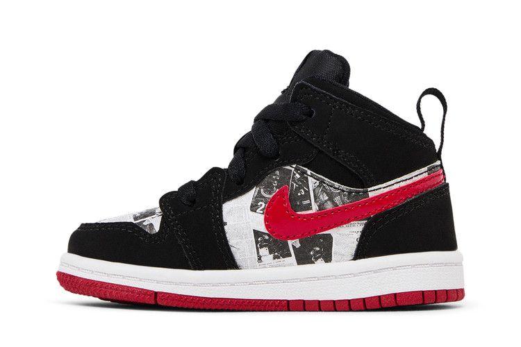 Детские кроссовки Nike Jordan 1 Mid Newspaper Air Times (ТД) Черный/Тренировочный Красно-Белый