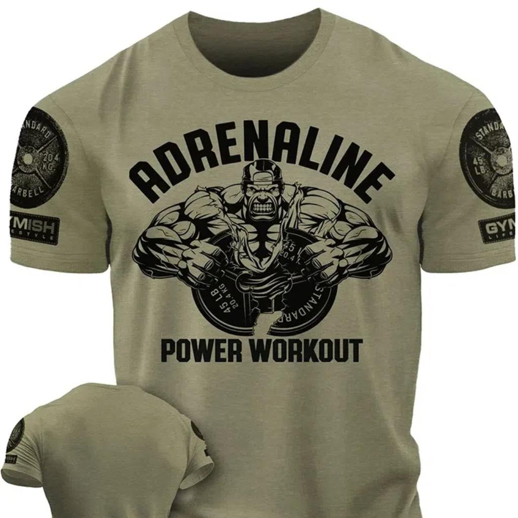 3D Printing Adrenaline Power Workoout Gym T-Shirt High Quality Cotton Casual Men's Short Sleeves Top Muscle Man Tough Guy Tshirt