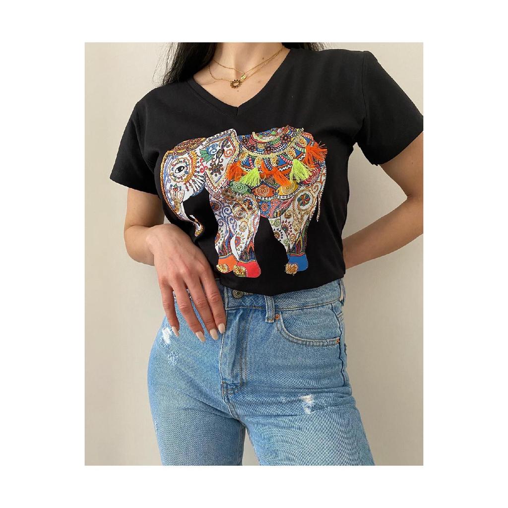 Женская черная футболка из 100 % хлопка с v-образным вырезом и вышивкой пайетками больших размеров