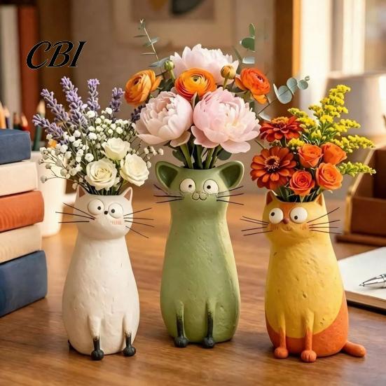Resin Cat Ornament Quirky Vase, Cute Flower Holder for Desk Shelf, Mini Planter Unique Gift Dried Flowers, Creative Home Decor Ornament, Lovers