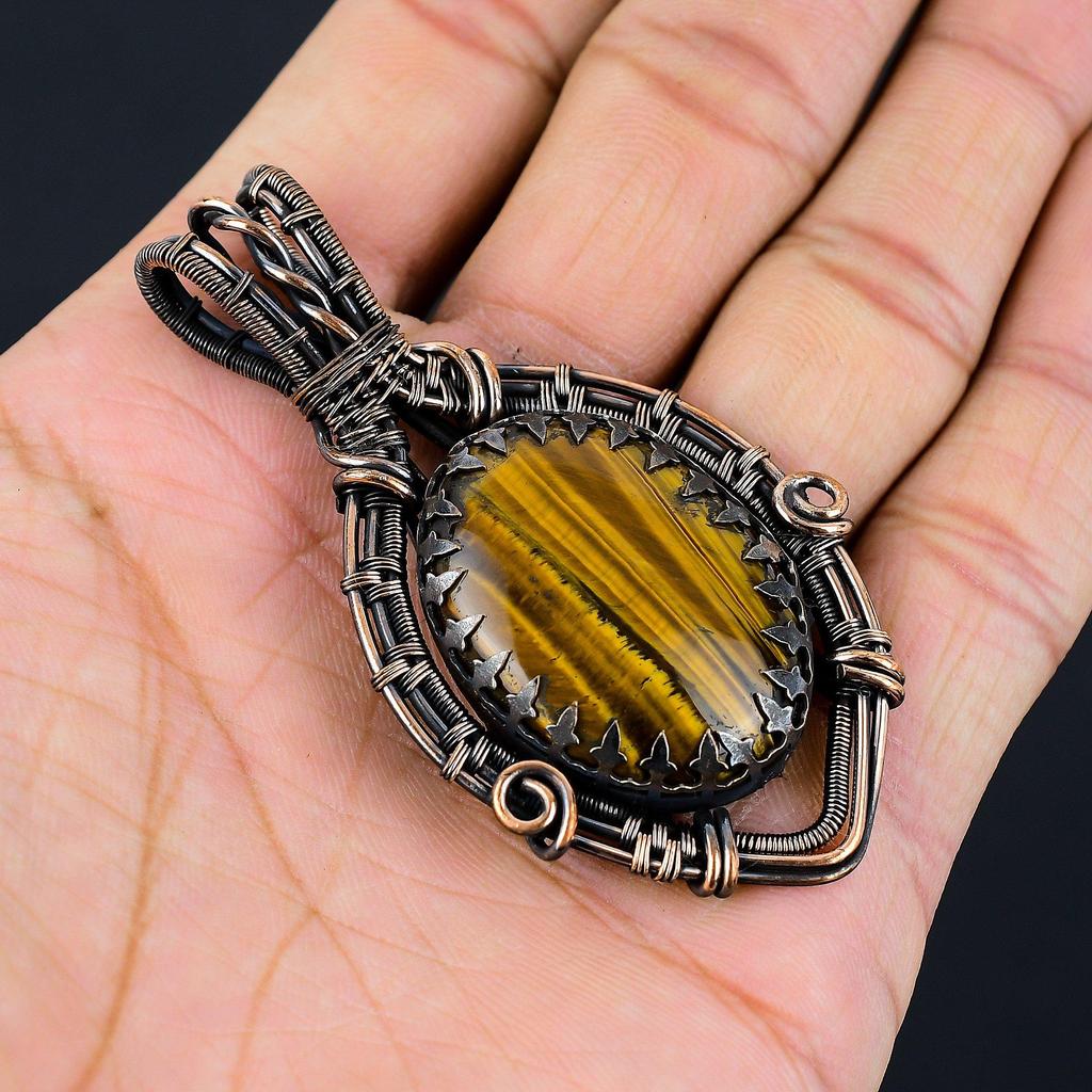 Tiger Eye Gemstone Pure Copper Wire Wrapped Handmade Pendant Jewelry