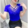 New Summer Short Sleeved V-Neck Women's T-Shirt Fashion Sexy Hollow Out Hot Diamonds Tops High Strecth Mesh Slim Tees