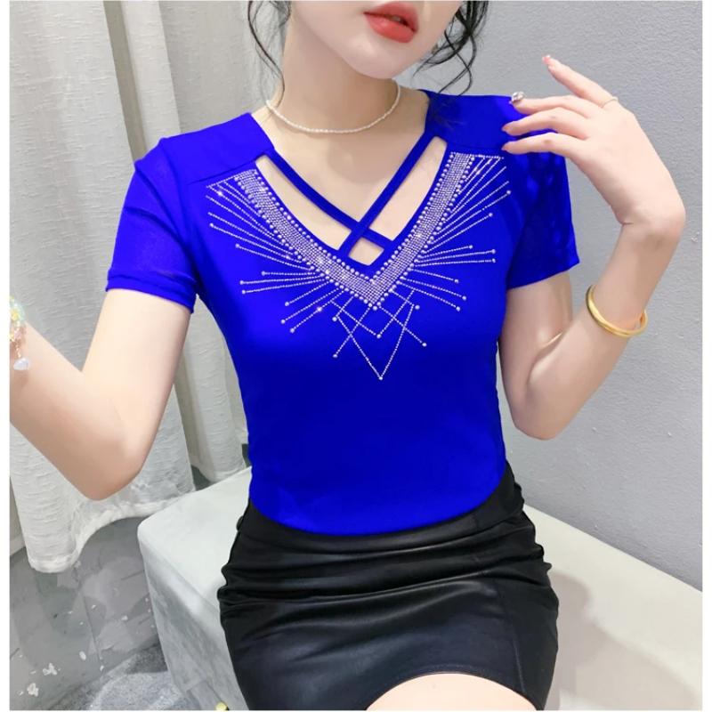 New Summer Short Sleeved V-Neck Women's T-Shirt Fashion Sexy Hollow Out Hot Diamonds Tops High Strecth Mesh Slim Tees