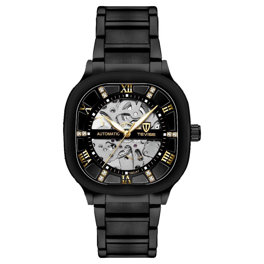 TEVISE Автоматические механические часы для мужчин из нержавеющей стали, водонепроницаемые, скелетон, квадратный циферблат, люминесцентные, модные, деловые, наручные часы