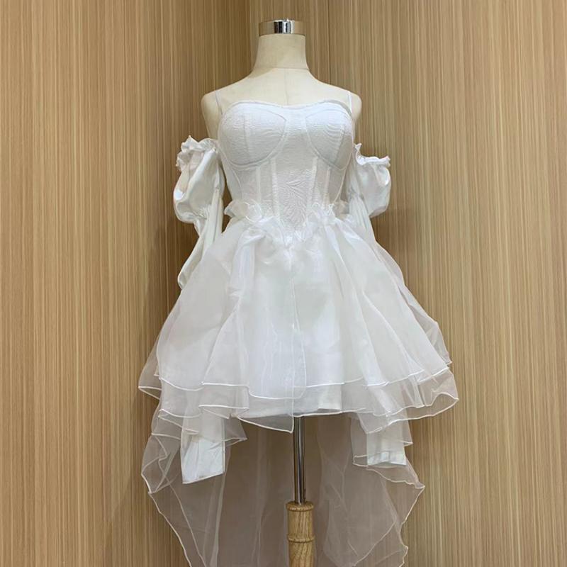 Белое элегантное вечернее мини-платье для женщин с открытыми плечами, французское винтажное пляжное платье, женское шифоновое корейское платье для выпускного, лето 2023