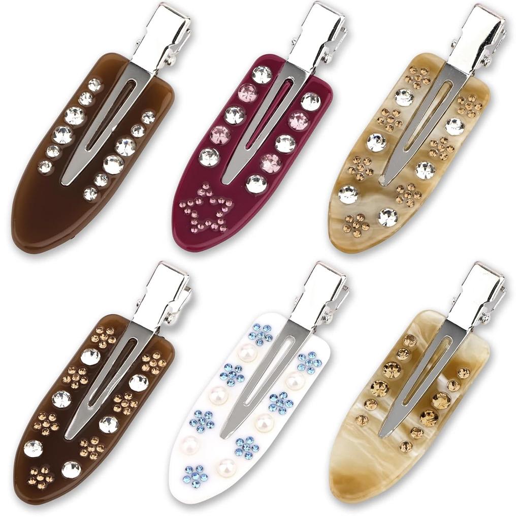 6 no-trace hair clips, non-bending styling clips, suitable for bangs, hair salons, and face washing, duckbill clips with rhinestones and pearls